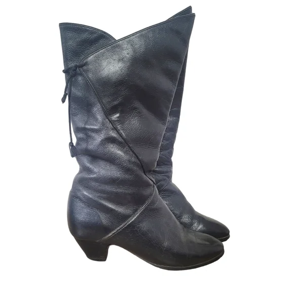 Vintage 80's black genuine leather mid calf boots Size 7 - Picture 3 of 16